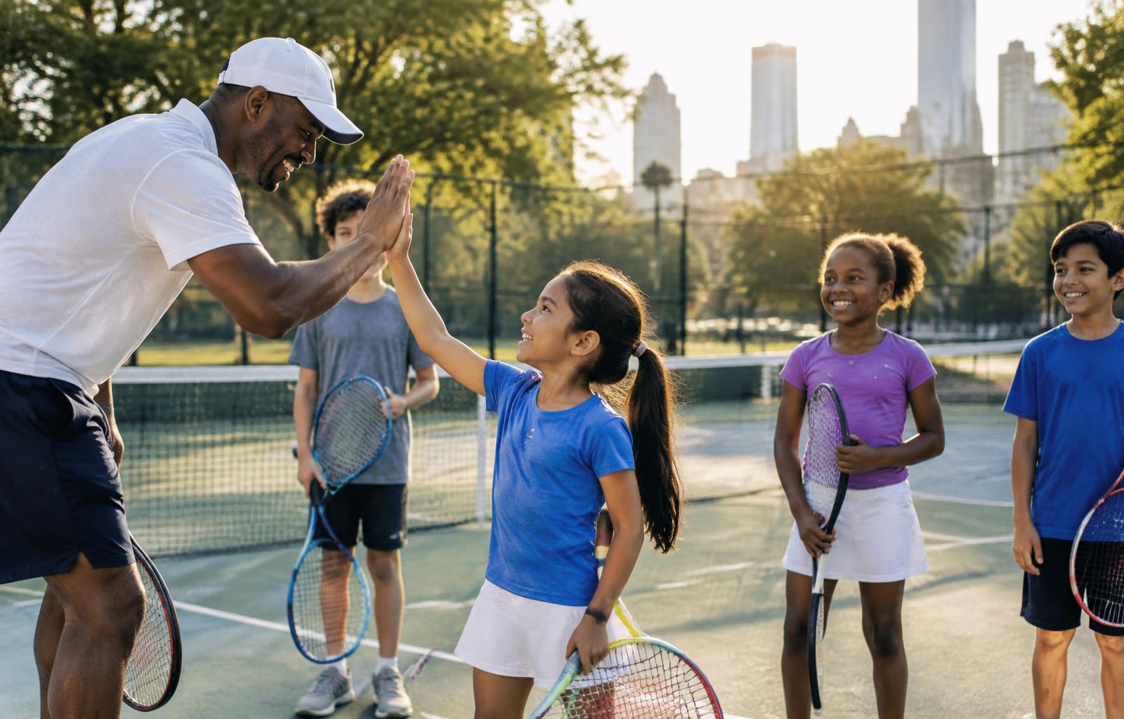 Coach high-fiving a young player on a city tennis court